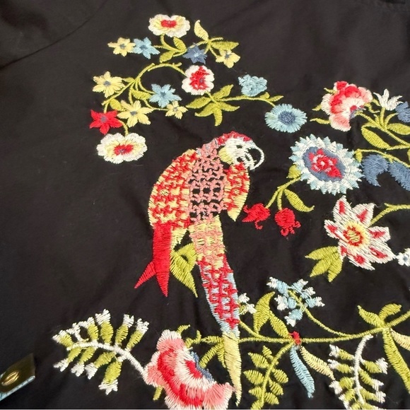 Loft Parrot Jungle Bell Mid Sleeve Embroidered Colorful Floral Black Shirt Top - Picture 3 of 12
